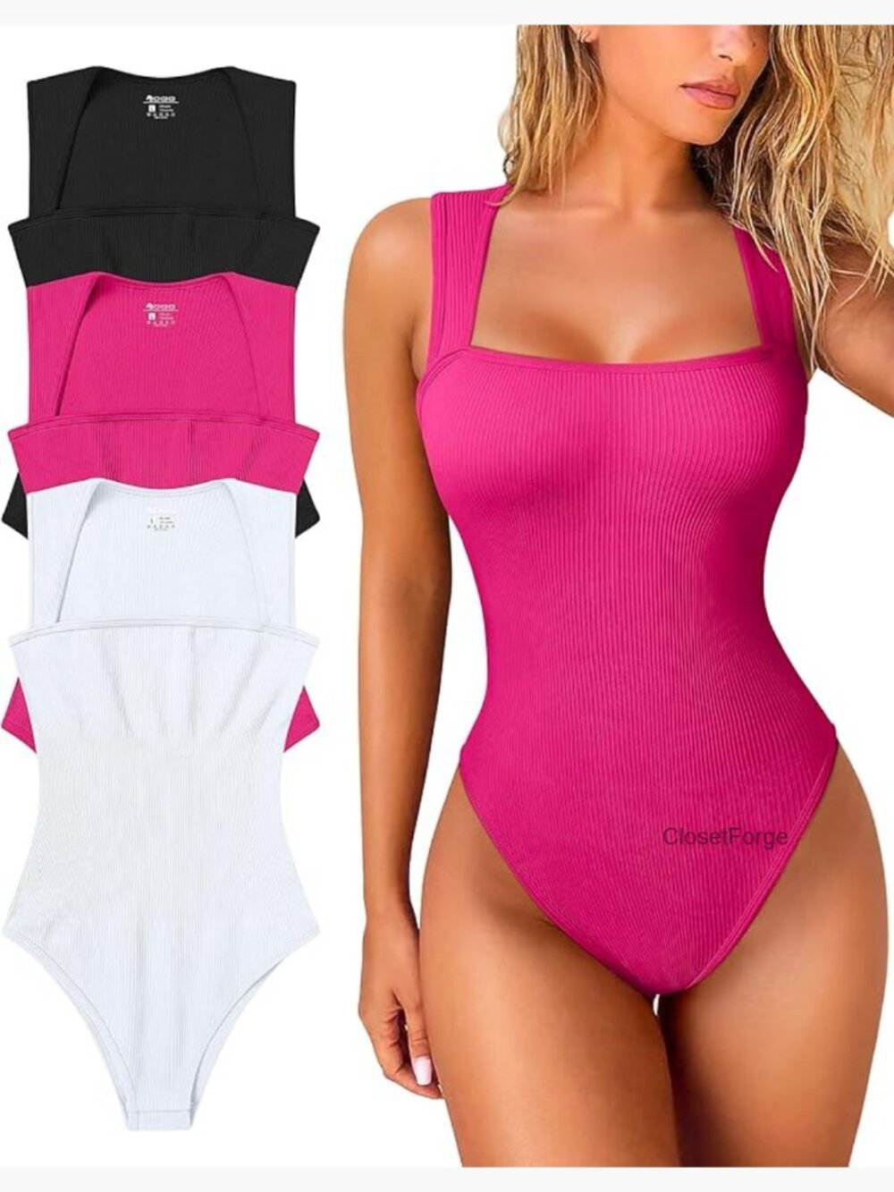 3 Pack Ribbed Square Neck Bodysuits Seamless Tummy Control Tank Tops